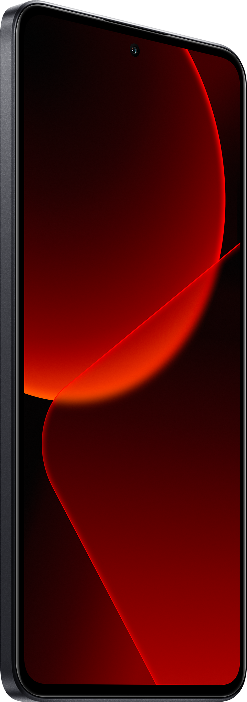 Sötétszürke telefon, oldalsó nézet, piros színátmenetes képernyővel. Fekete keret.