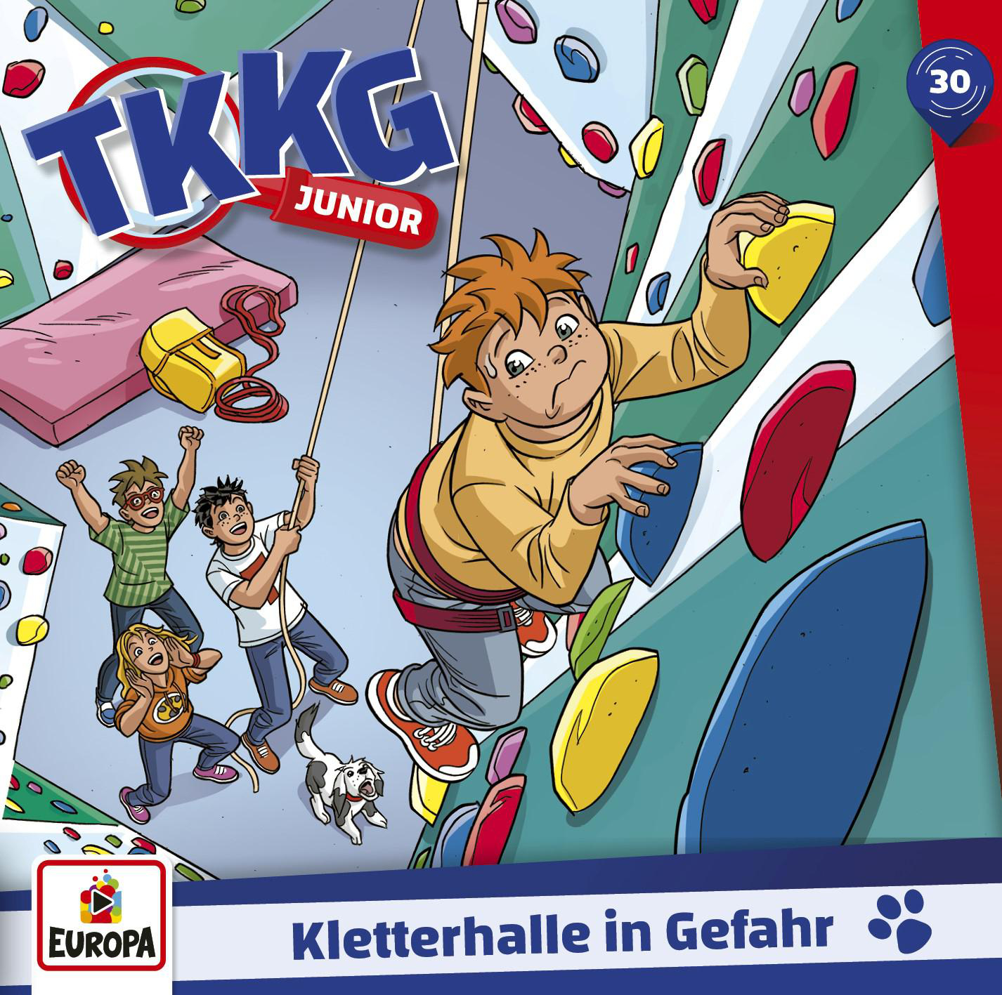 Cartoon-Cover von TKKG Junior. Ein Junge klettert eine Kletterwand. Zwei andere Kinder und ein Hund sind unten.
