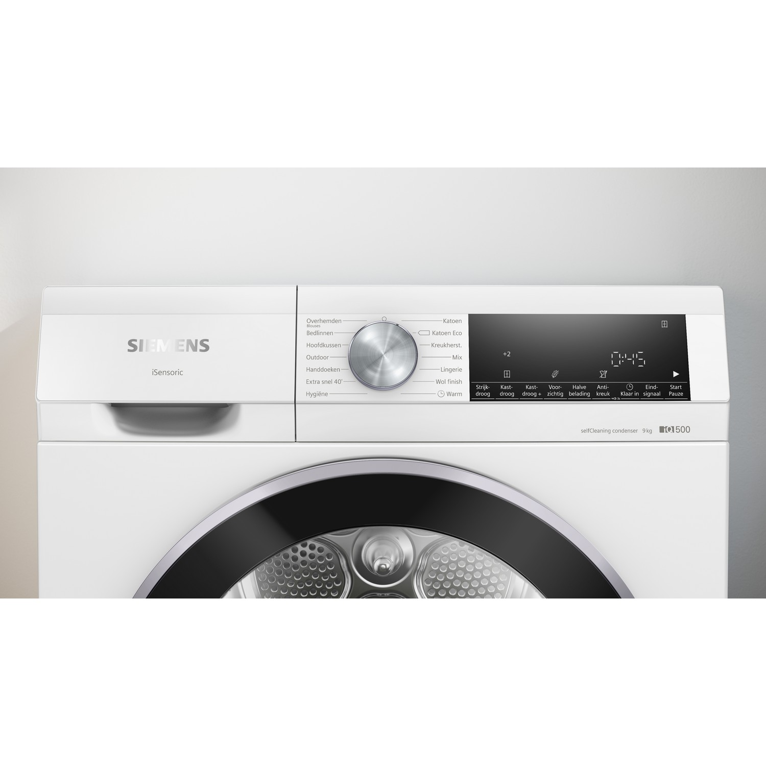 White Siemens dryer control panel. Black display and silver dial. White background.