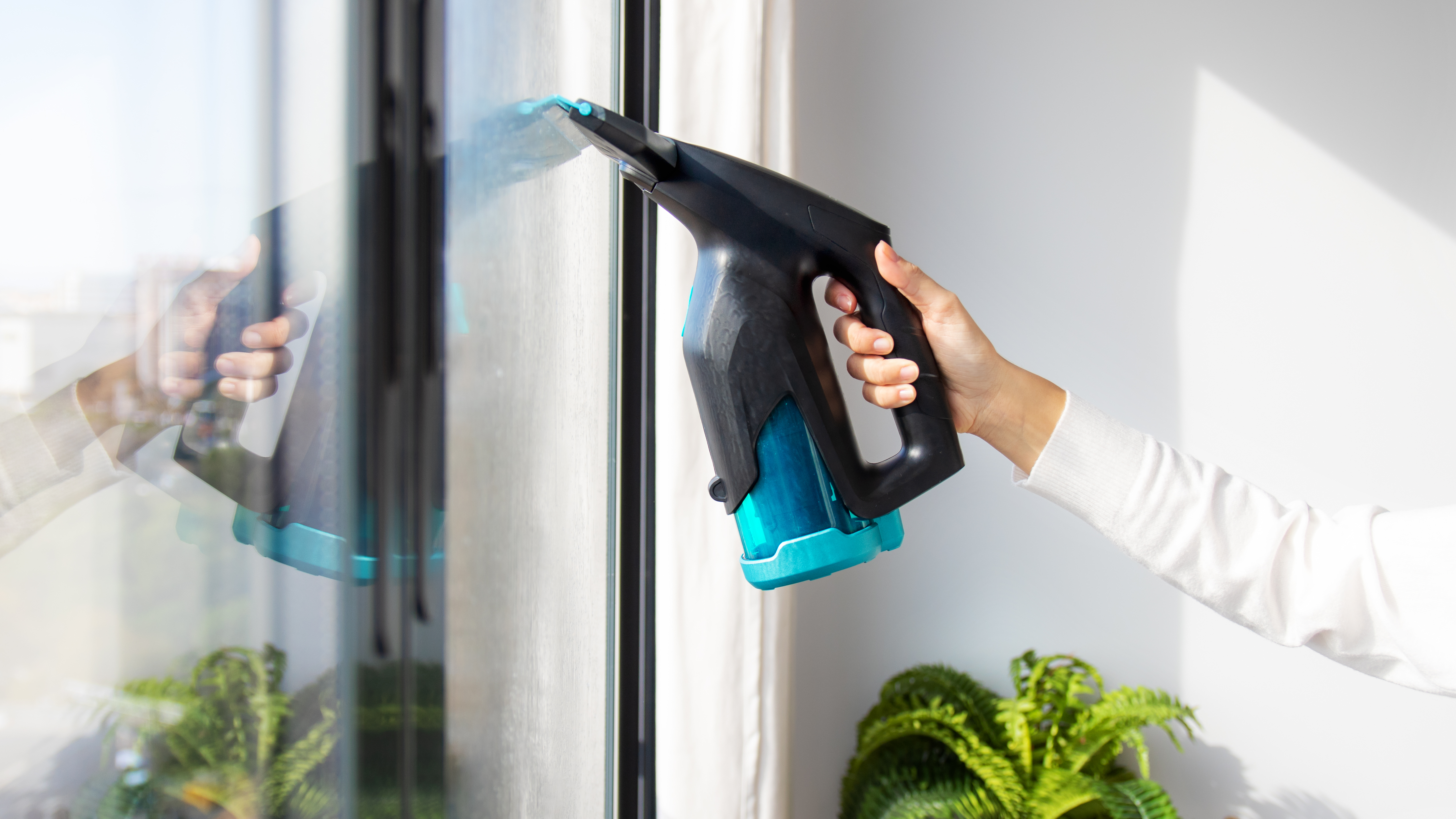 Una persona usando un limpiacristales negro y verde azulado en una ventana. Plantas verdes al fondo.