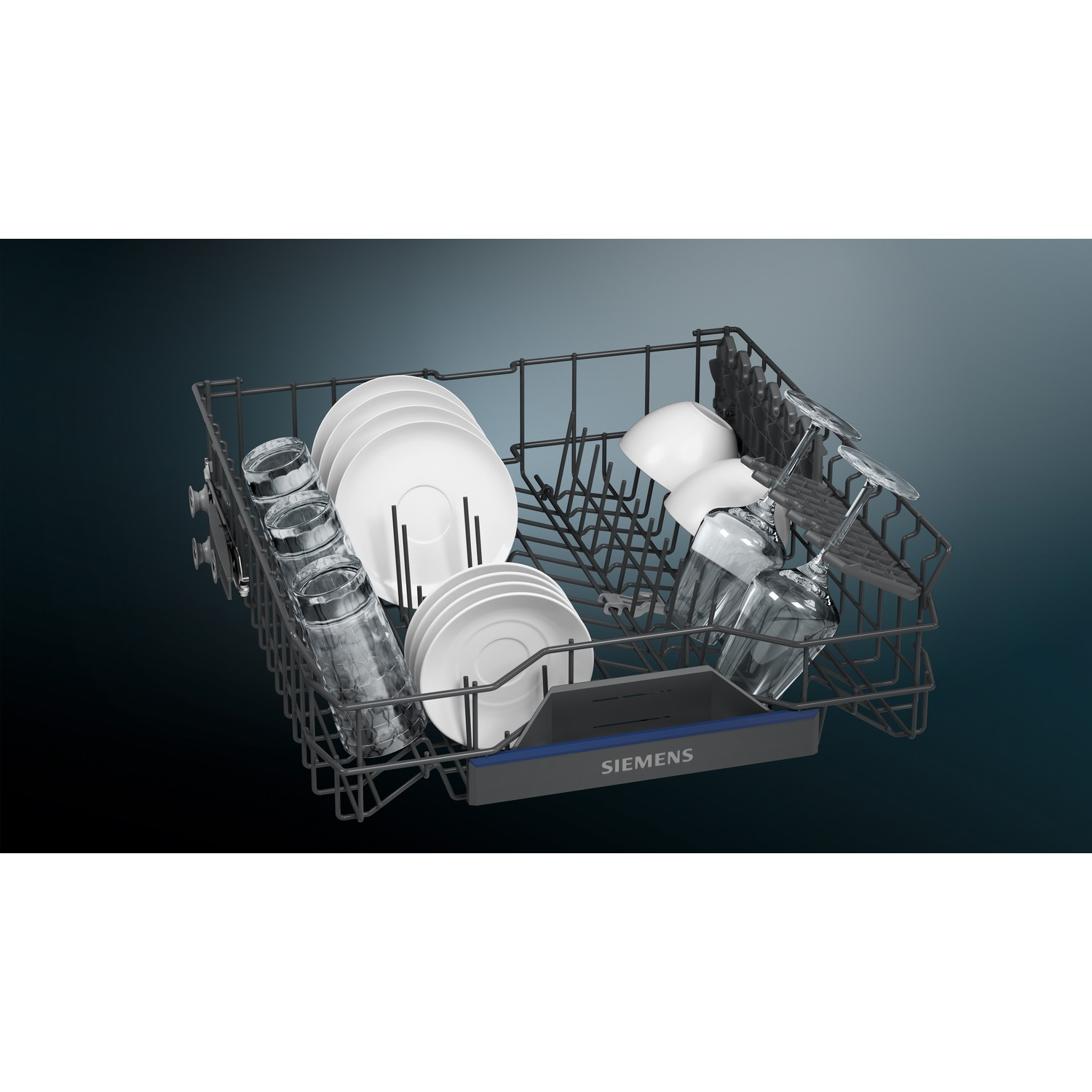 Dishwasher rack filled with dishes, glasses, and silverware. Dark blue background. Siemens logo.