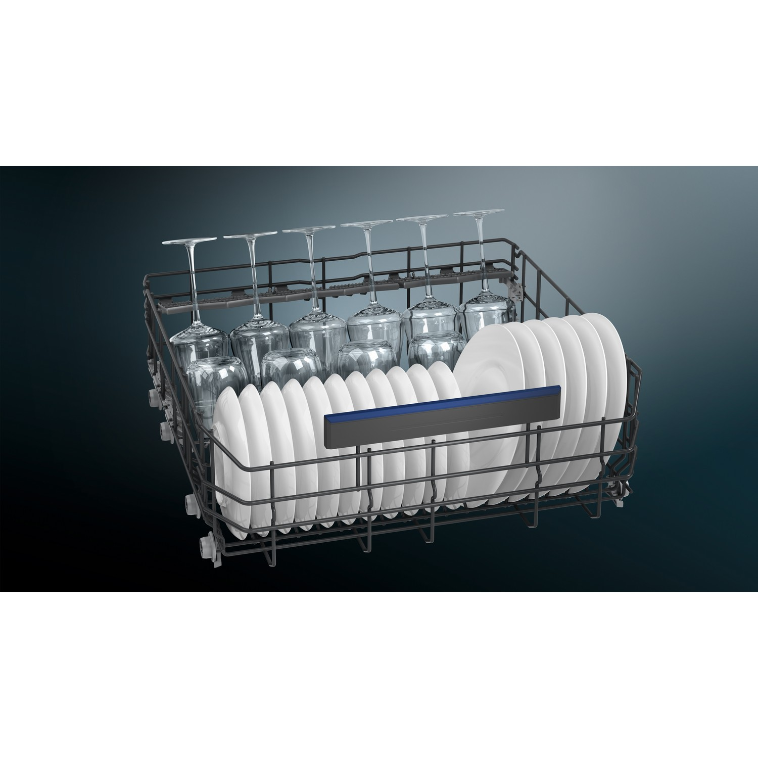 A dishwasher rack holds clean white plates and glasses. The rack is dark grey.