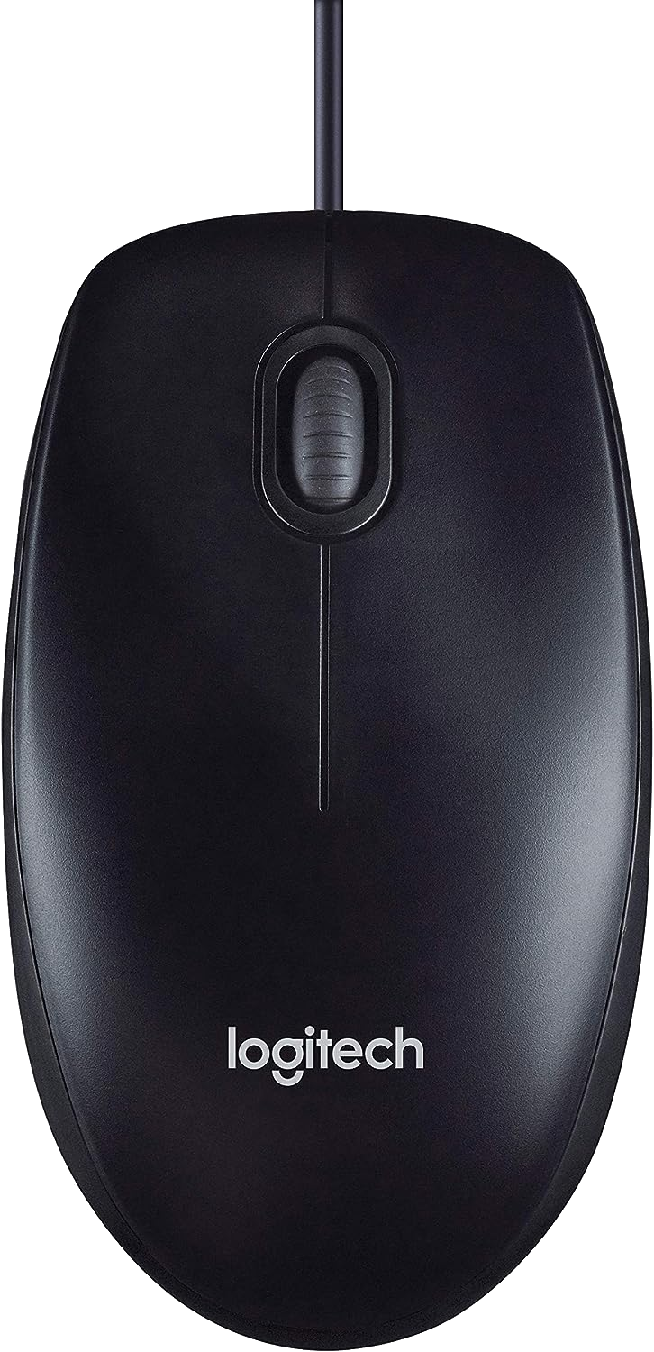 Fekete Logitech egér görgetőkerékkel, két gombbal és egy kábellel.