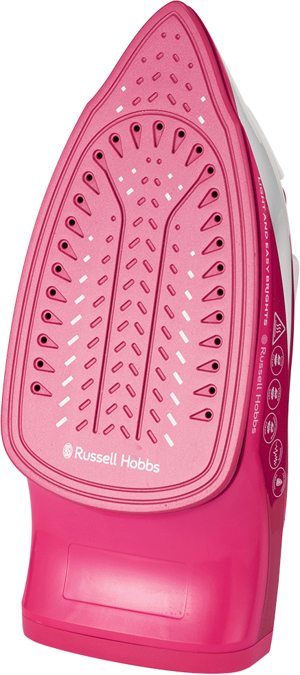 Rózsaszín Russell Hobbs vasaló. Az alja rózsaszín, gőzlyukakkal, az oldala fehér. A vasaló fehér háttéren van.