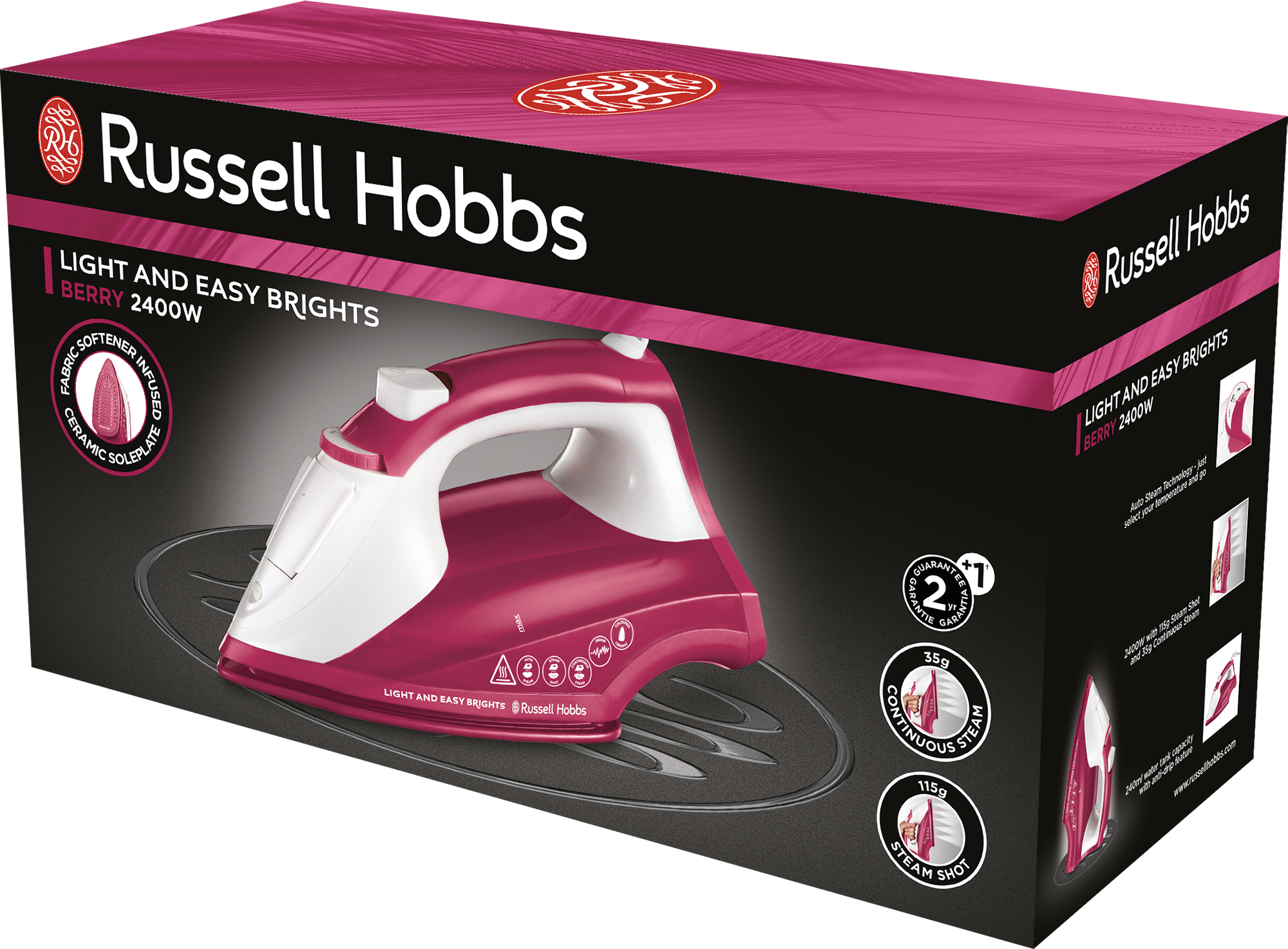 Doboz rózsaszín és fehér vasalóval. A dobozon a Russell Hobbs logója és a vasaló jellemzői láthatók.