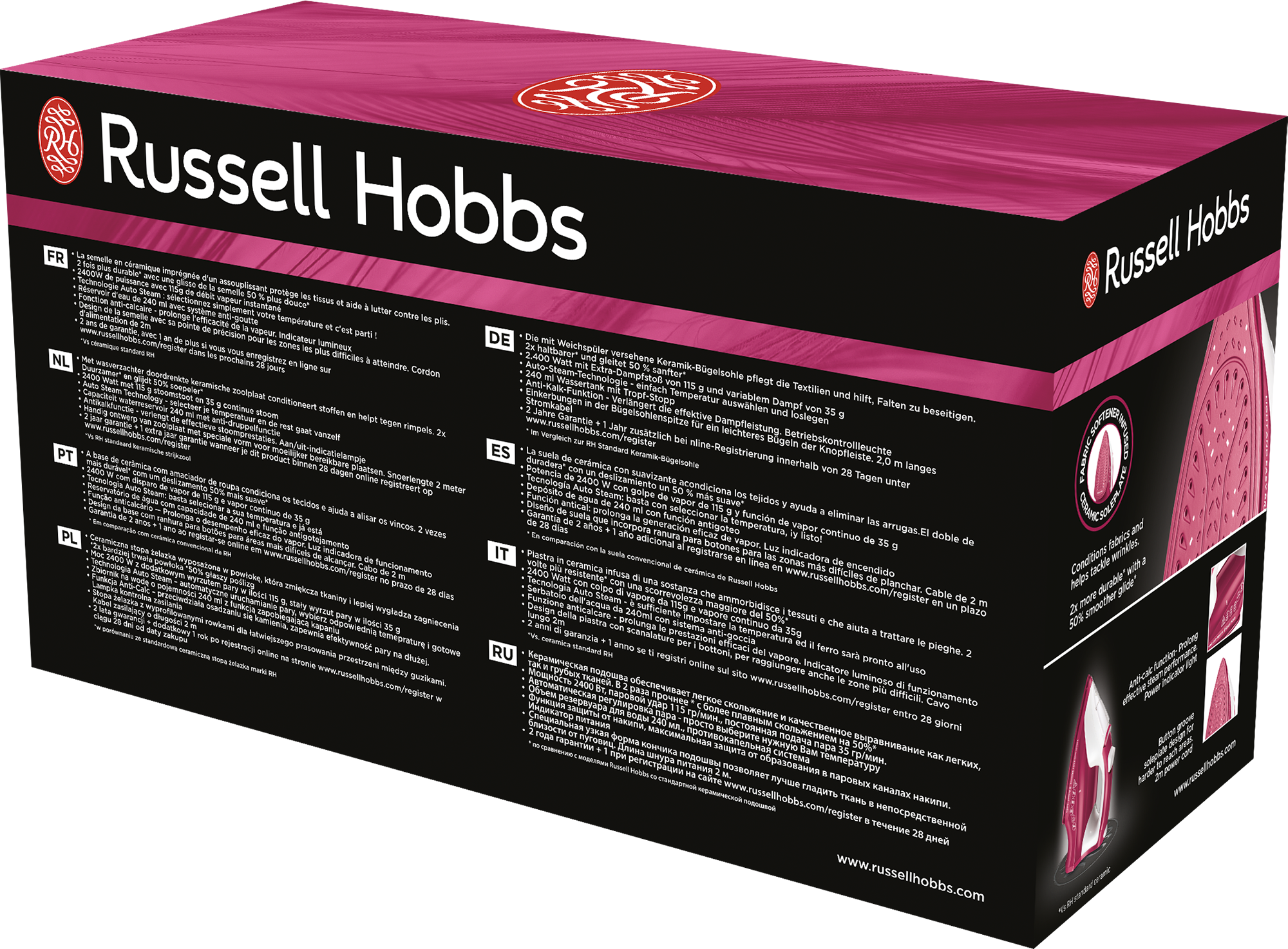 Egy Russell Hobbs doboz, több nyelven az oldalán. A doboz rózsaszín és piros.