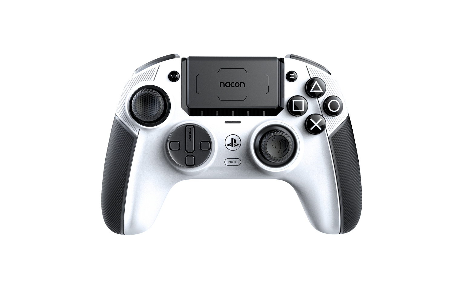 Weiß-schwarzer Gaming-Controller mit Tasten und Joysticks. Nacon-Logo oben.