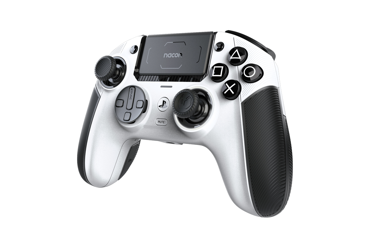 Silber-schwarzer PS5-Controller. Schwarze Tasten mit weißen Symbolen, weißer Körper und schwarze Griffe.