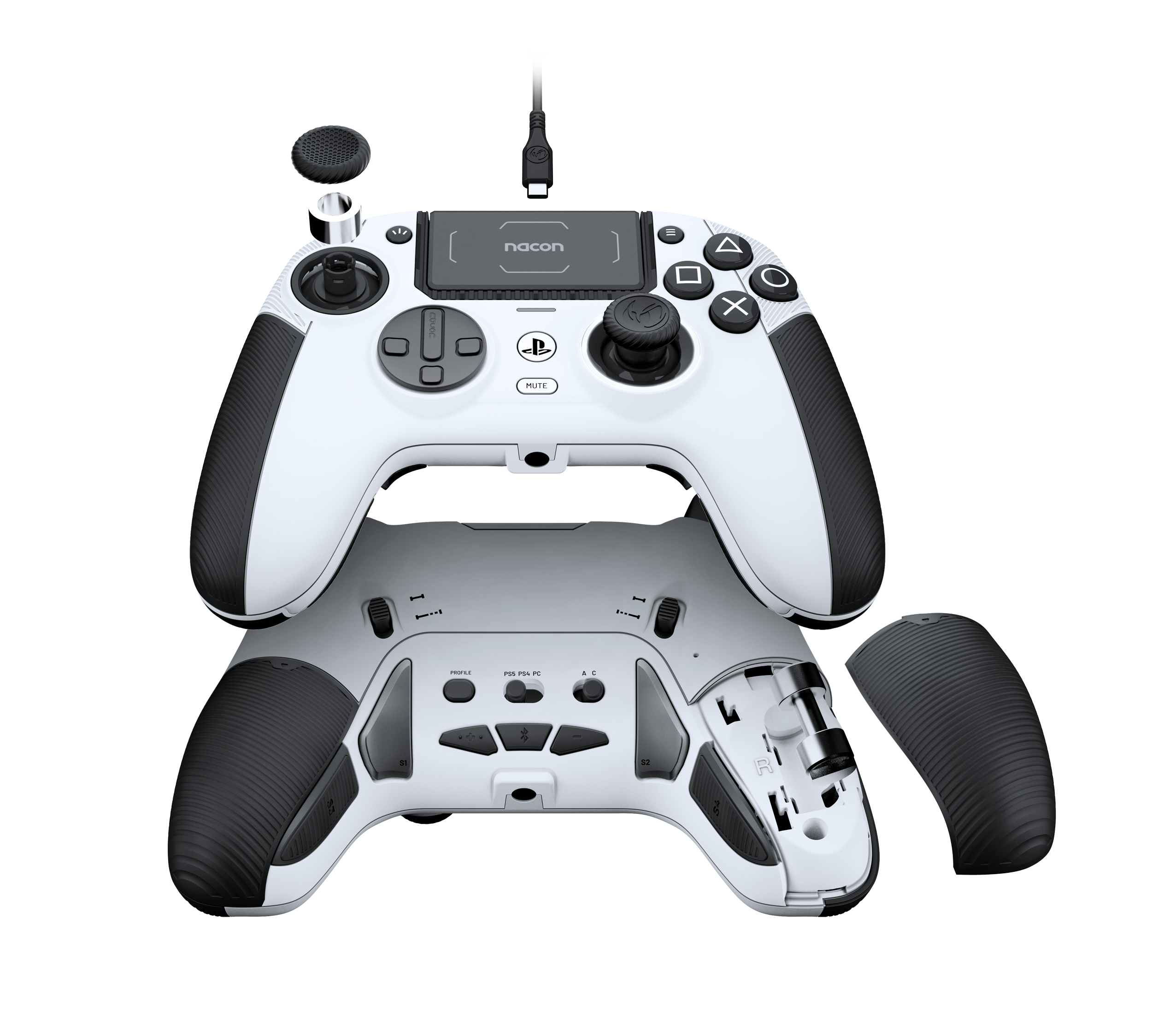 Weiß-schwarzer Game-Controller mit abnehmbaren Teilen.