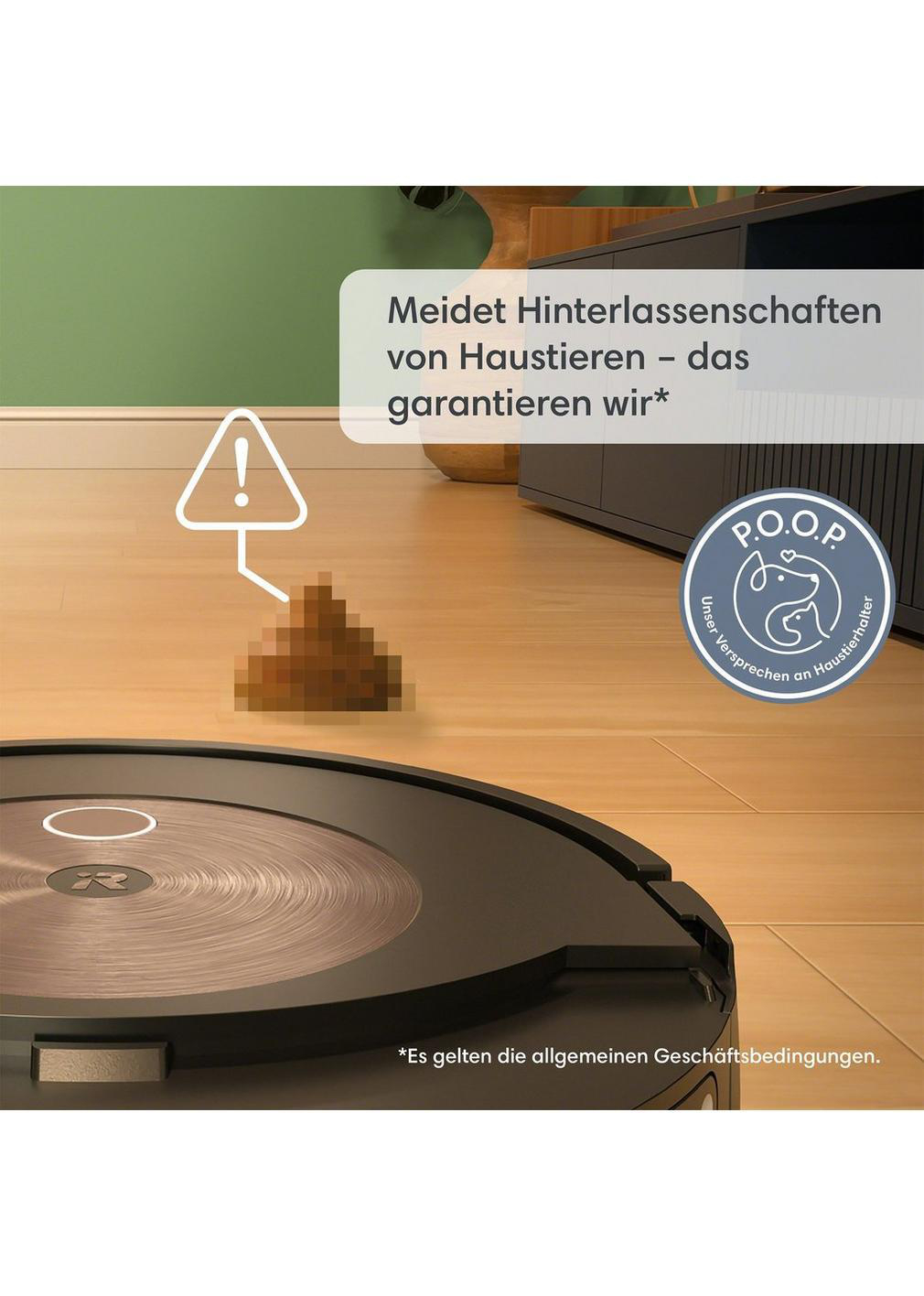 Ein Roboter-Staubsauger auf einem Holzboden neben einem Haufen Kot.