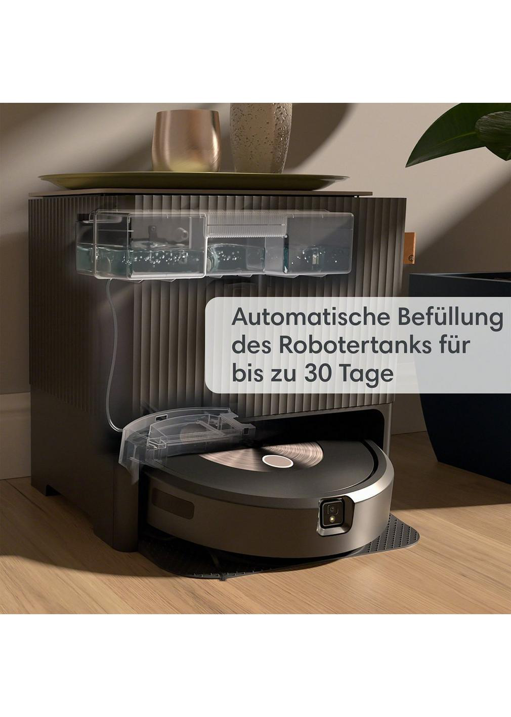 Roboter-Staubsauger in Ladestation. Text: Automatische Befüllung des Robotertanks bis zu 30 Tage.