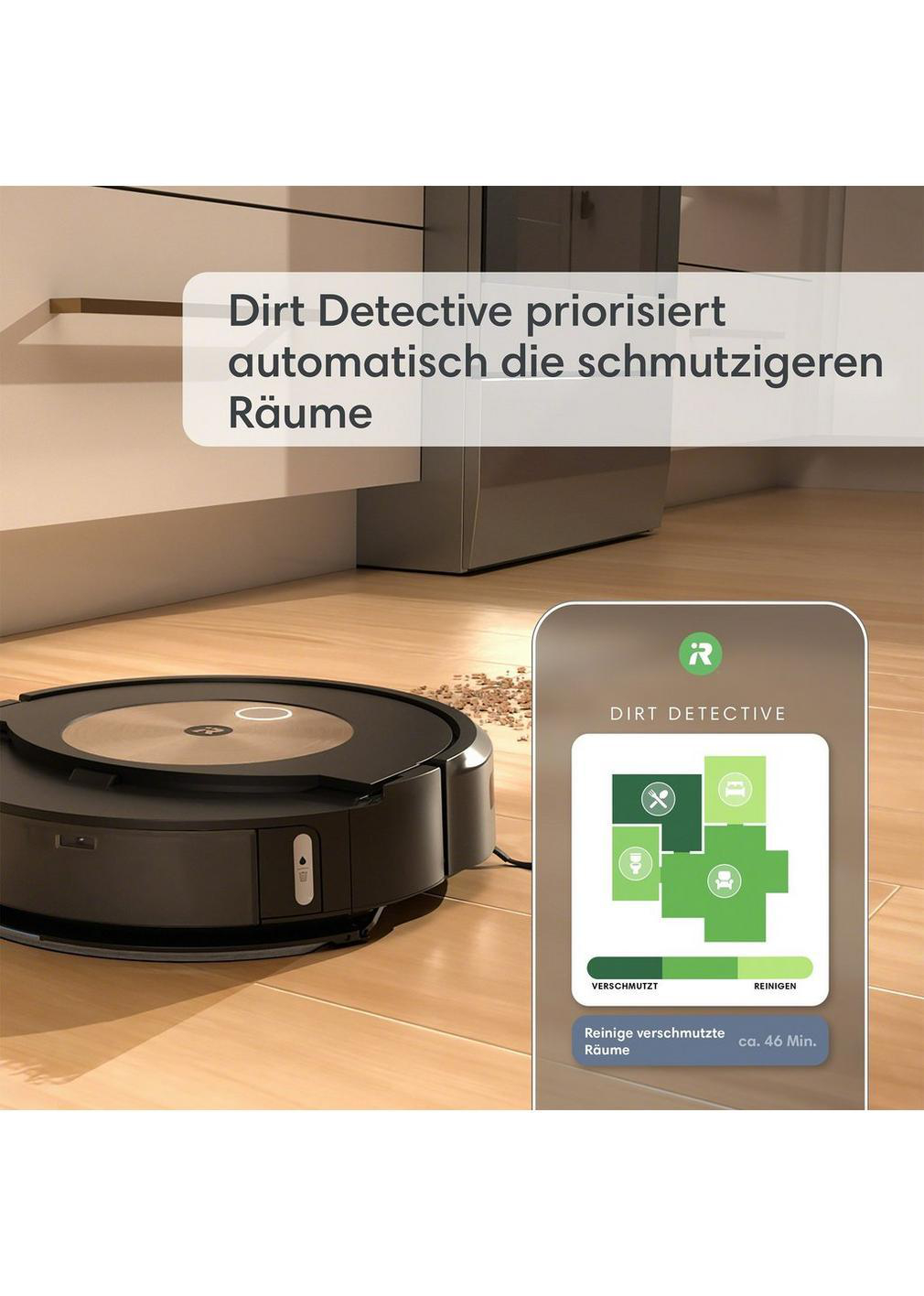 Roboter-Staubsauger auf Holzboden, App-Oberfläche zeigt den Reinigungsfortschritt.