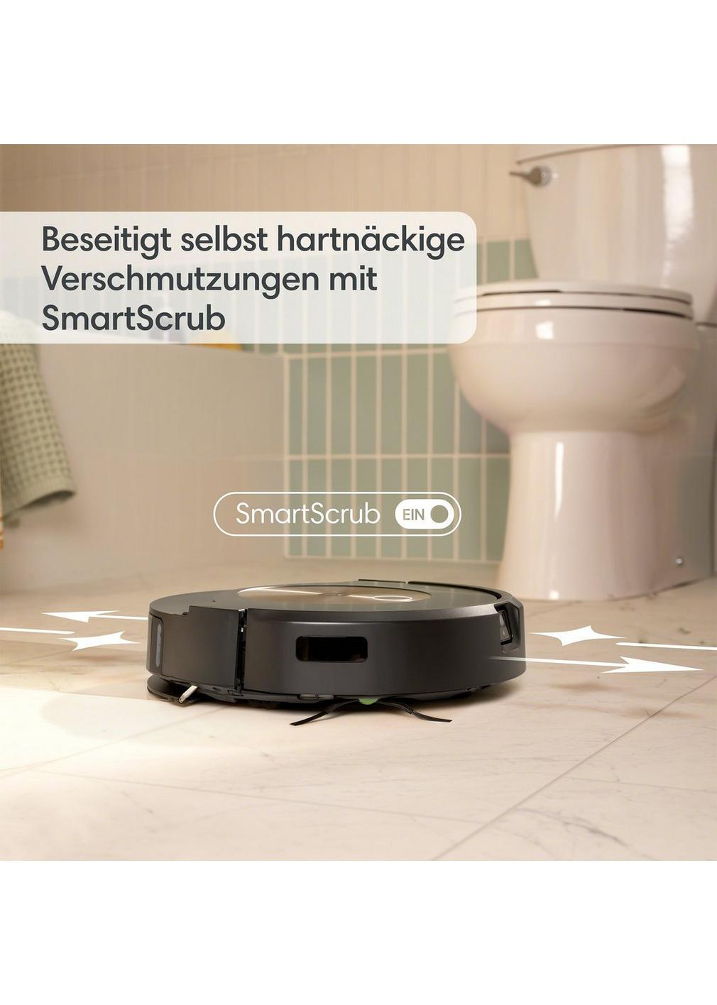 Ein schwarzer Roboter-Staubsauger reinigt einen Badezimmerboden. Text: SmartScrub EIN.