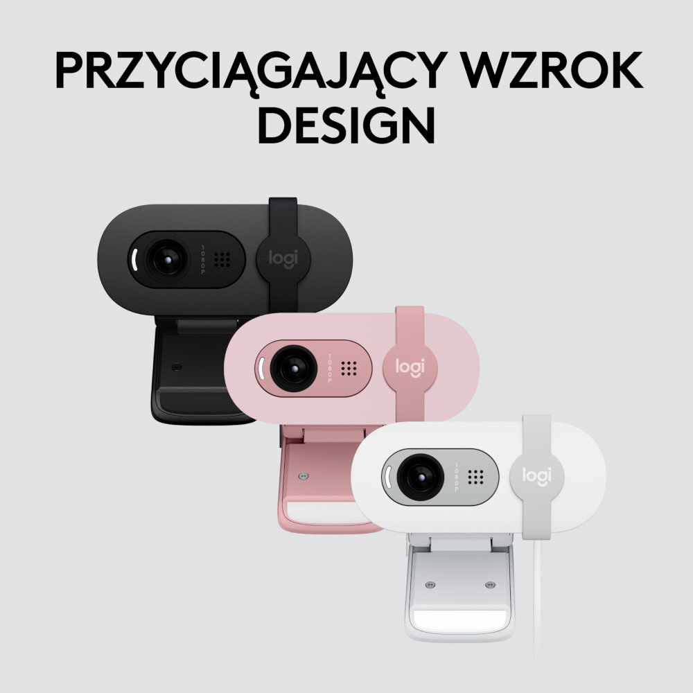 Trzy kamery internetowe w różnych kolorach z czarnym tłem i tekstem 'PRZYCIĄGAJĄCY WZROK DESIGN'.