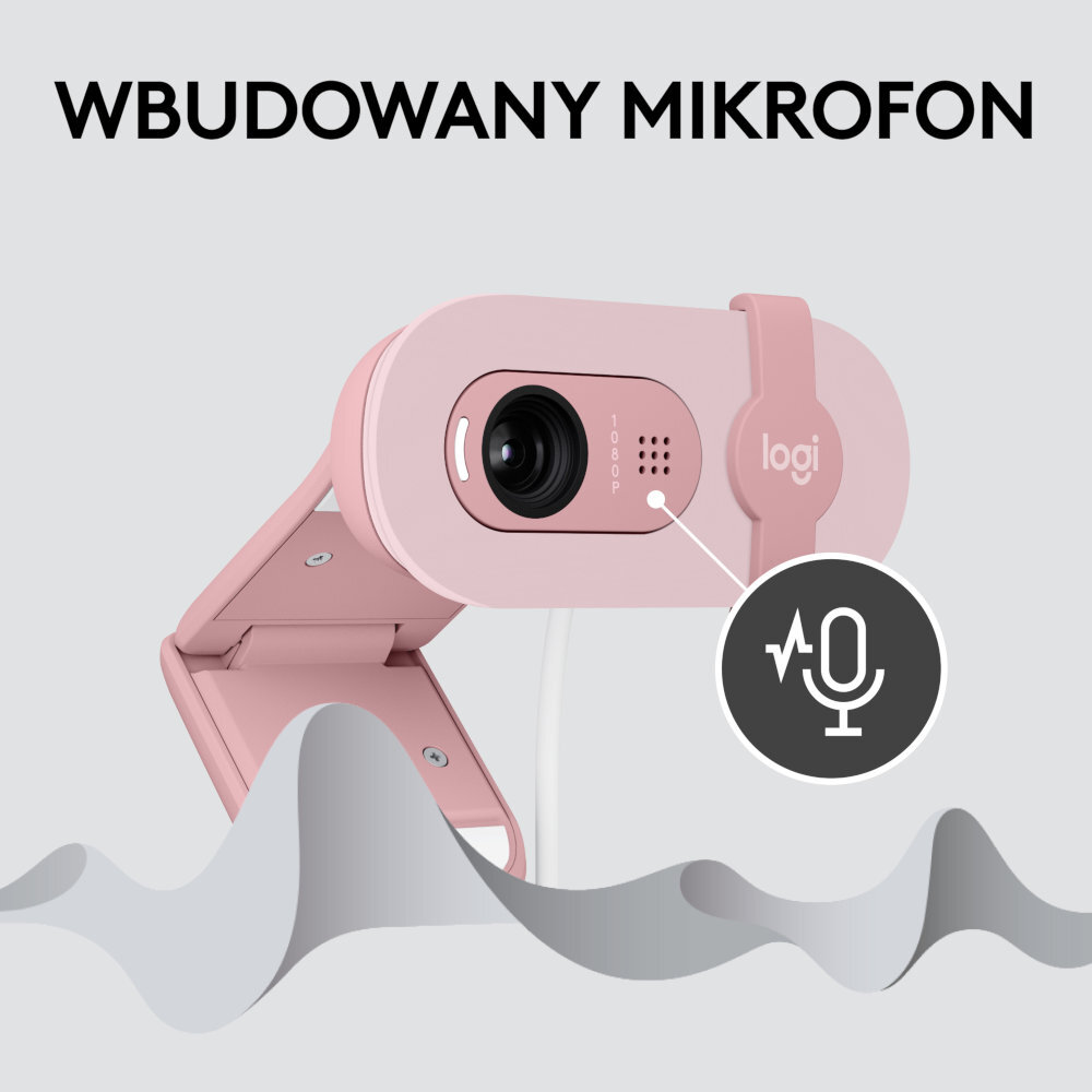 Różowa kamera internetowa z wbudowanym mikrofonem, ikoną mikrofonu i słowem 'Logi' na szarym tle.