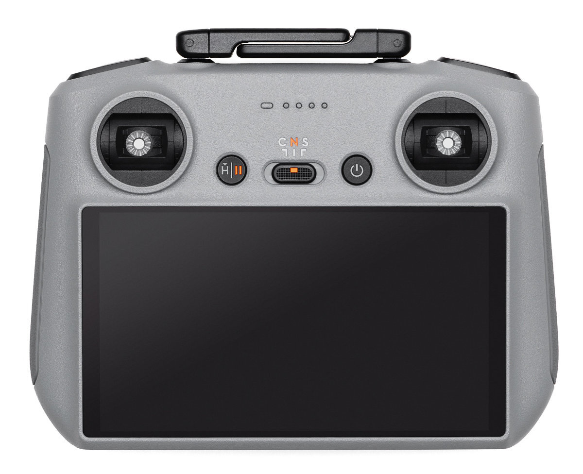 Szary kontroler drona z ekranem, przyciskami i dwoma pokrętłami. Czarny uchwyt u góry.