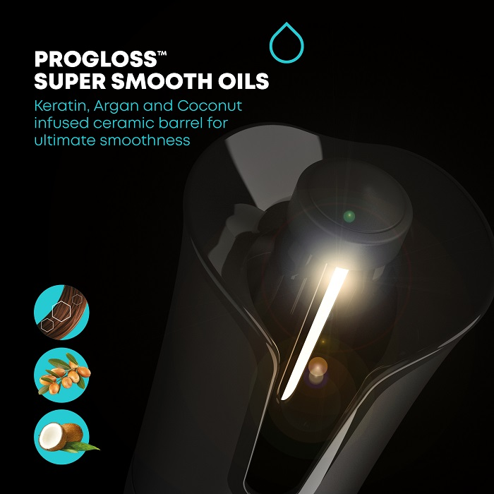 Hajformázó eszköz. Szöveg: Progloss Super Smooth Oils. Keratin, Argán, kókusz infúziós kerámia hordó.