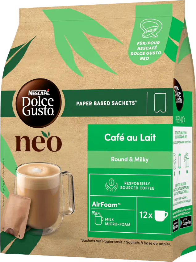 Nescafe Dolce Gusto Neo Kaffeepads. Braune Papiertüte mit einer Kaffeetasse vorne.