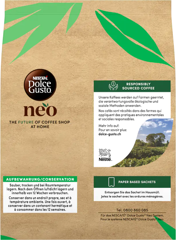 Kaffeepackung mit Text und grünen Blättern. Enthält das Nescafe-Logo und Produktinformationen.