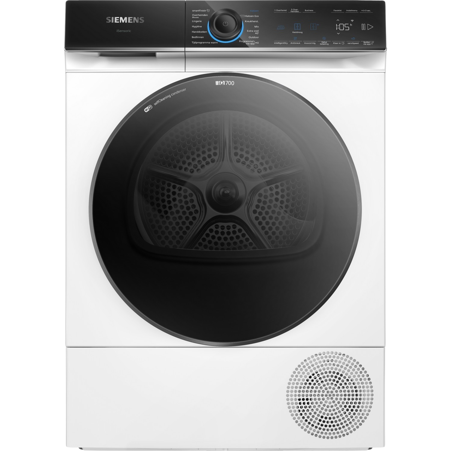 Een witte Siemens droger met een zwarte glazen deur. Bedieningspaneel bovenaan.