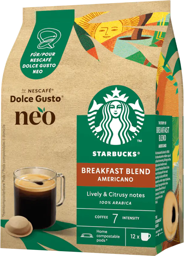Kaffeepad-Verpackung mit Starbucks-Logo. Zeigt eine Kaffeetasse und Kaffeepad. Text zeigt 'Breakfast Blend'.