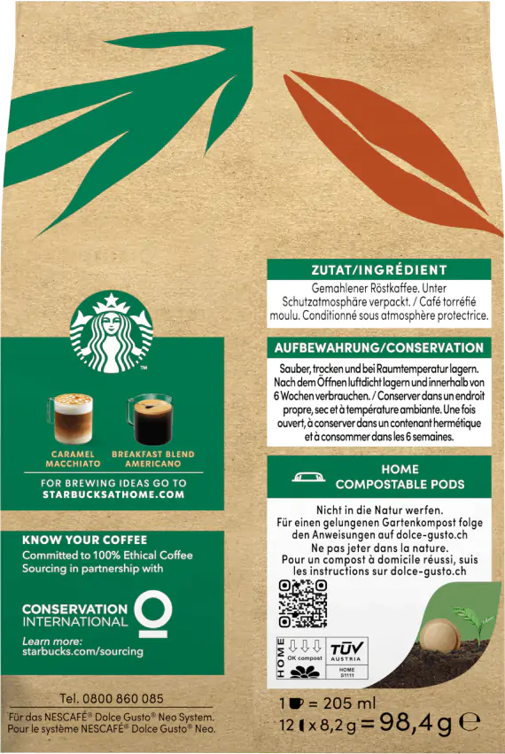 Kaffeepackung mit grünem und orangefarbenem Design, Starbucks-Logo und Brühhinweisen.
