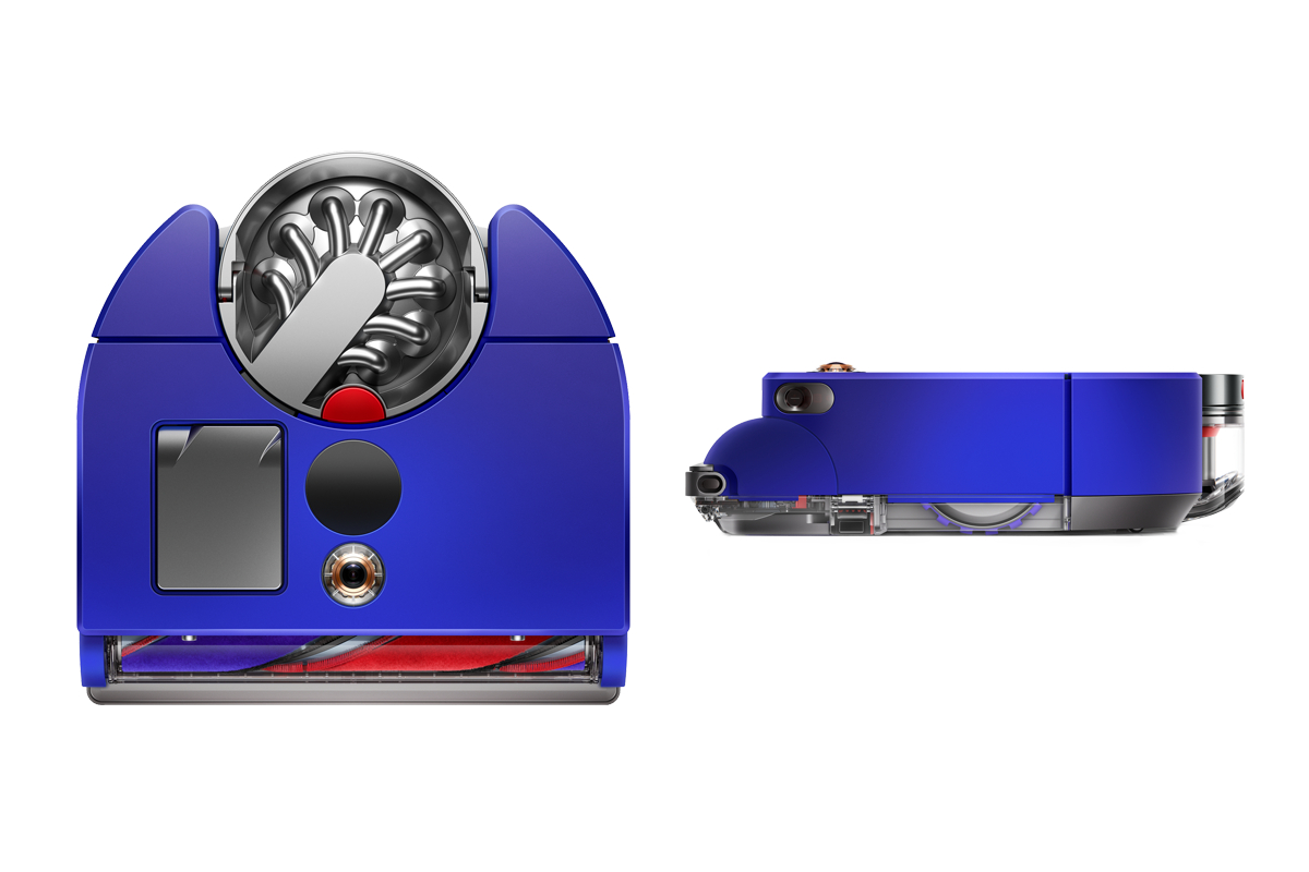 Ein blauer Roboter-Staubsauger, Vorder- und Seitenansicht, auf Weiß.