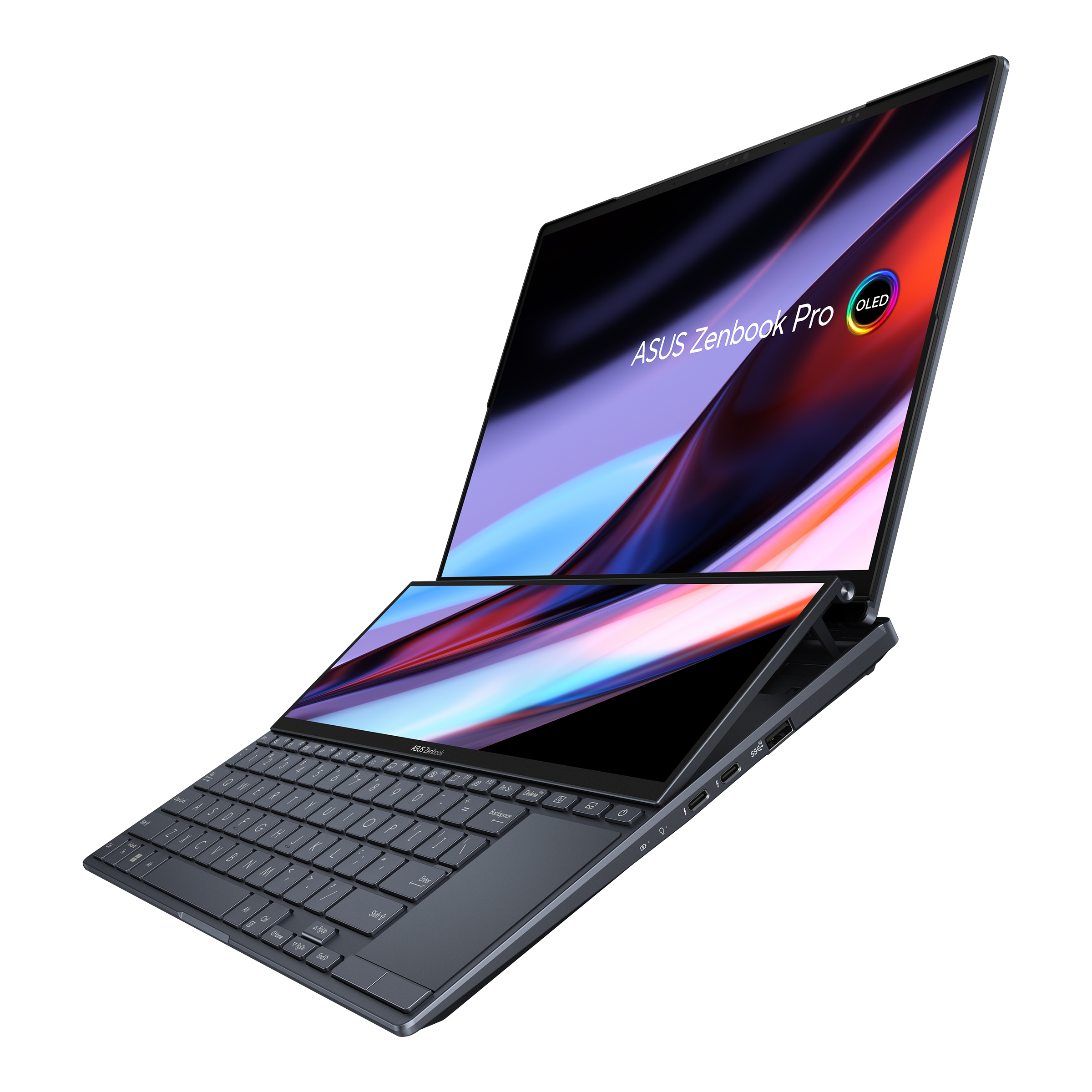 Portátil ASUS Zenbook Pro abierto, mostrando una segunda pantalla y teclado. Negro y gris.
