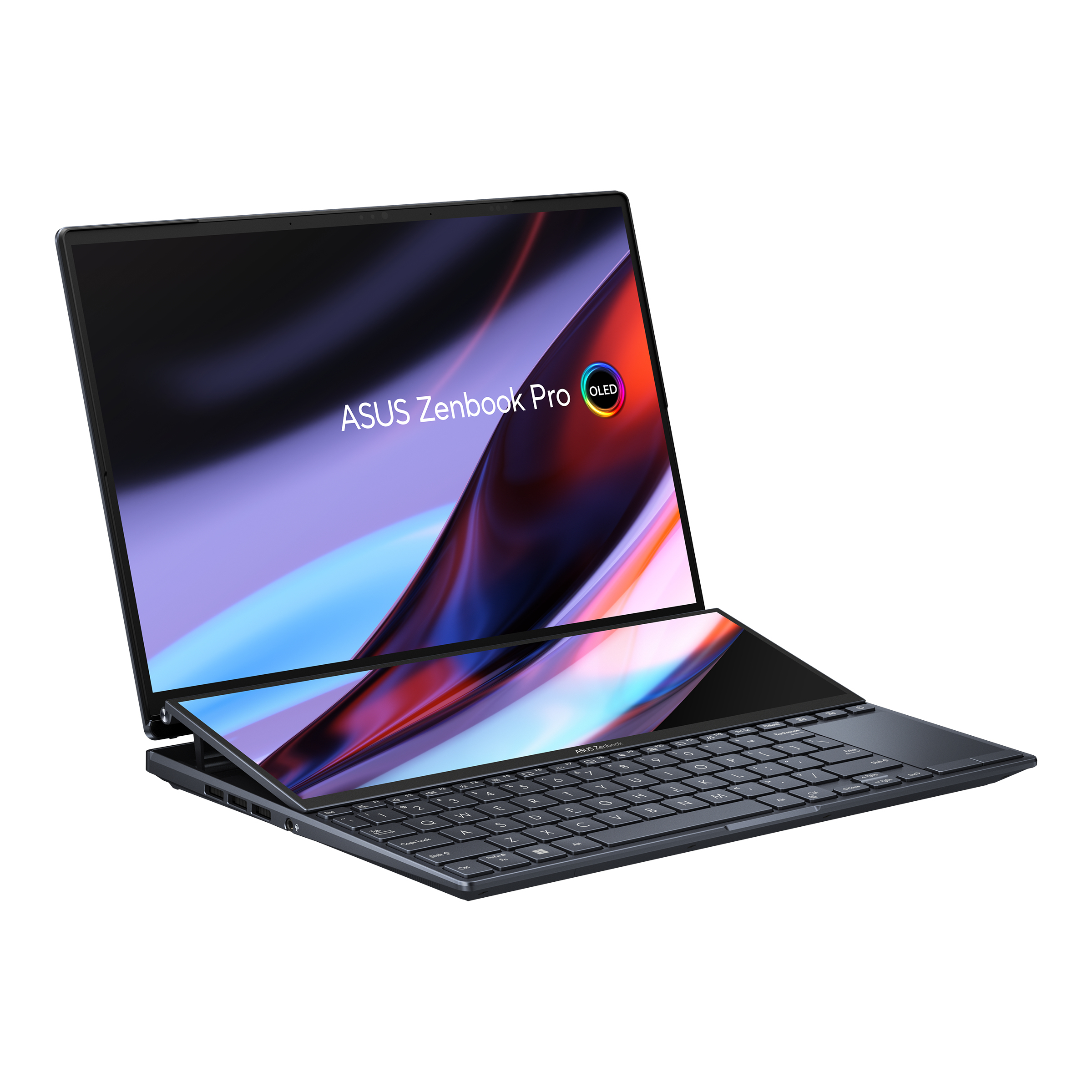 Laptop abierto, mostrando teclado y pantalla. Pantalla muestra imagen colorida. ASUS Zenbook Pro OLED.