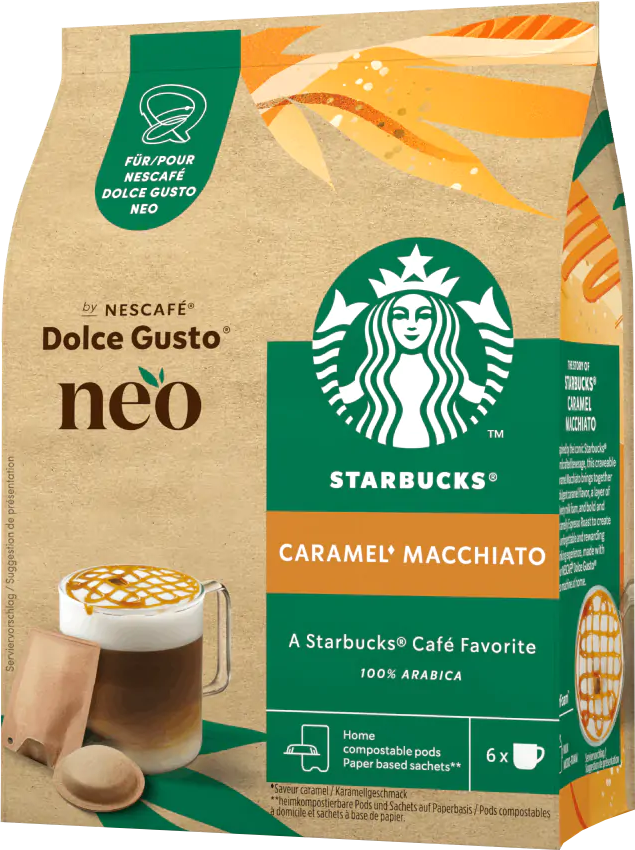 Kaffeepackung mit Starbucks- und Dolce Gusto-Logos und Karamell-Macchiato-Bild.