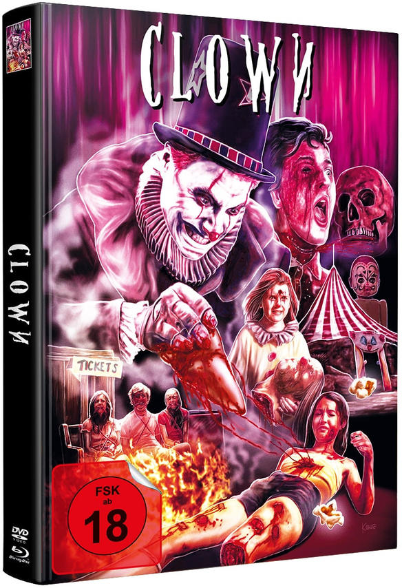 DVD-Cover des Horrorfilms Clowns. Enthält einen gruseligen Clown und Opfer.