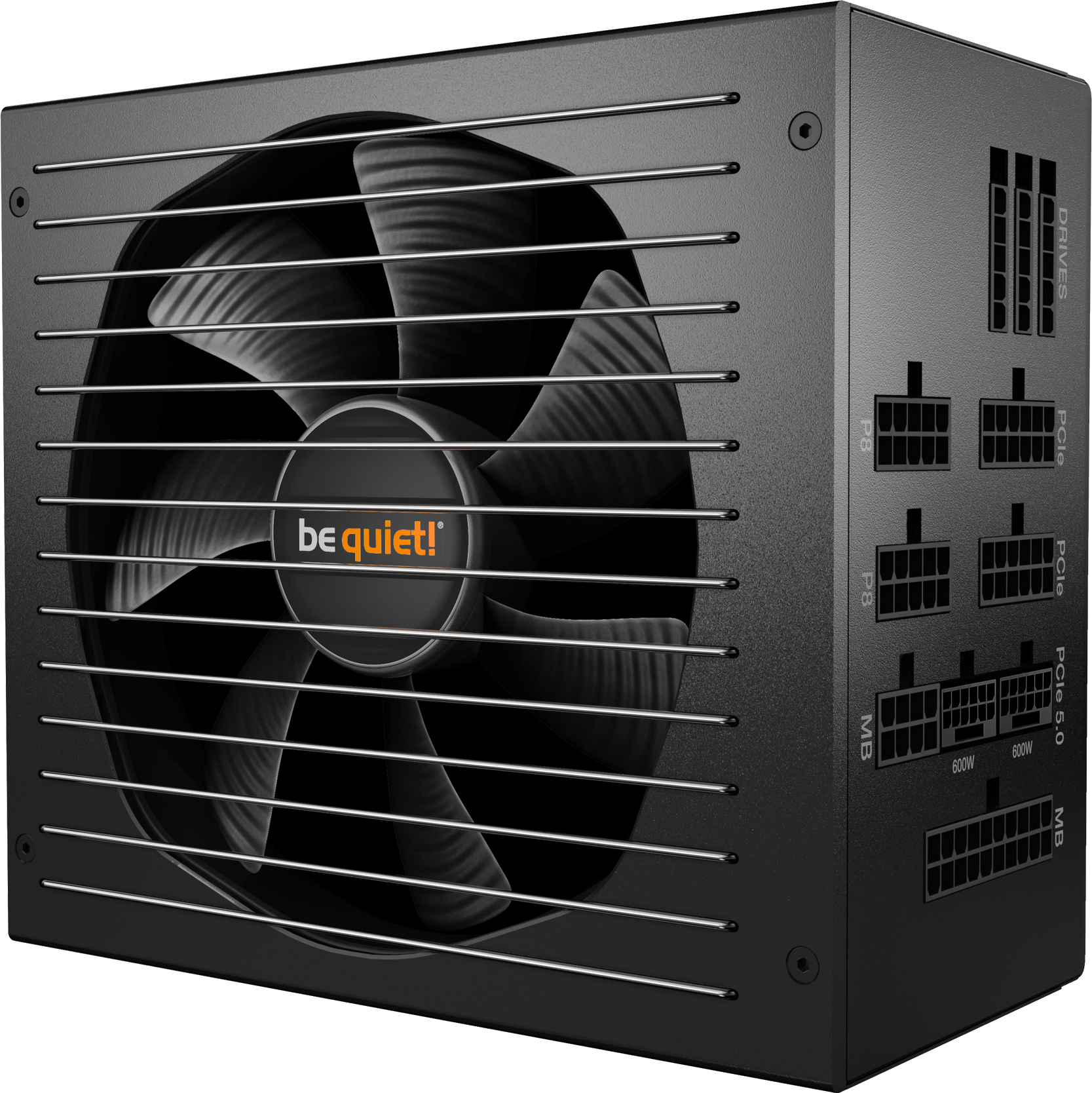 Ein schwarzes Computer-Netzteil mit großem Lüfter und mehreren Anschlussports. Die Marke ist be quiet!