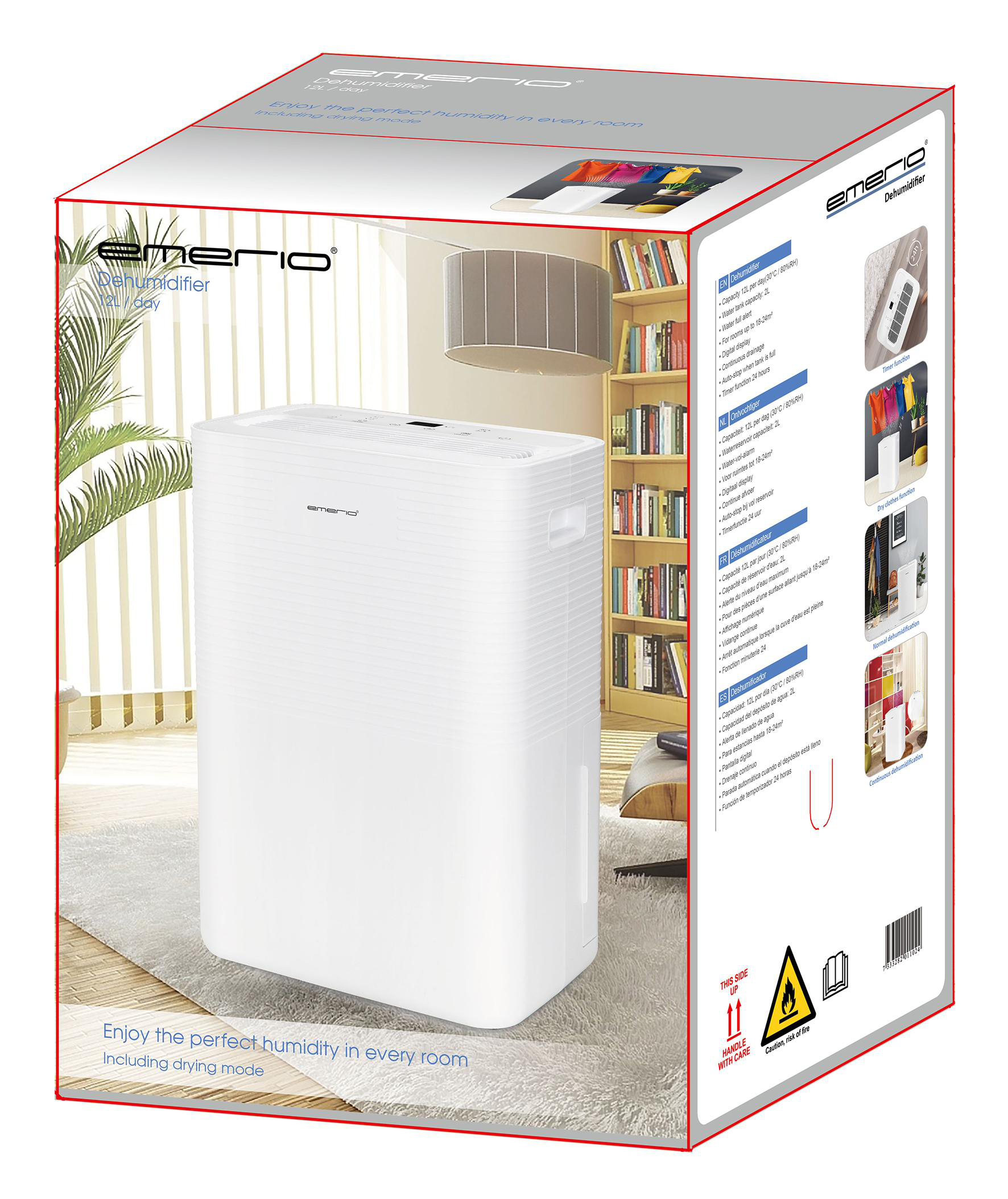 Weißer Luftentfeuchter-Karton, zeigt Produkt und Funktionen wie Trocknungsmodus, mit Symbolen.