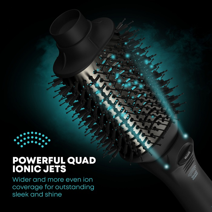 Egy fekete hajszárító kefe kék fényhatásokkal és a szöveg: POWERFUL QUAD IONIC JETS.