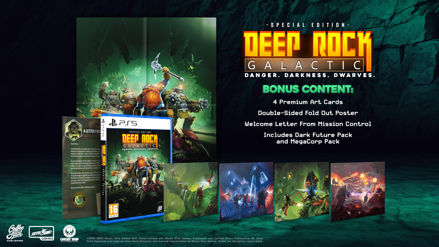 Coffret du jeu 'Deep Rock Galactic' avec contenu bonus : cartes artistiques, affiche et une lettre.