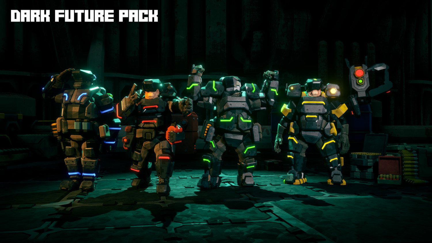 Groupe de soldats futuristes avec une armure lumineuse, debout dans un environnement sombre et éclairé en vert.