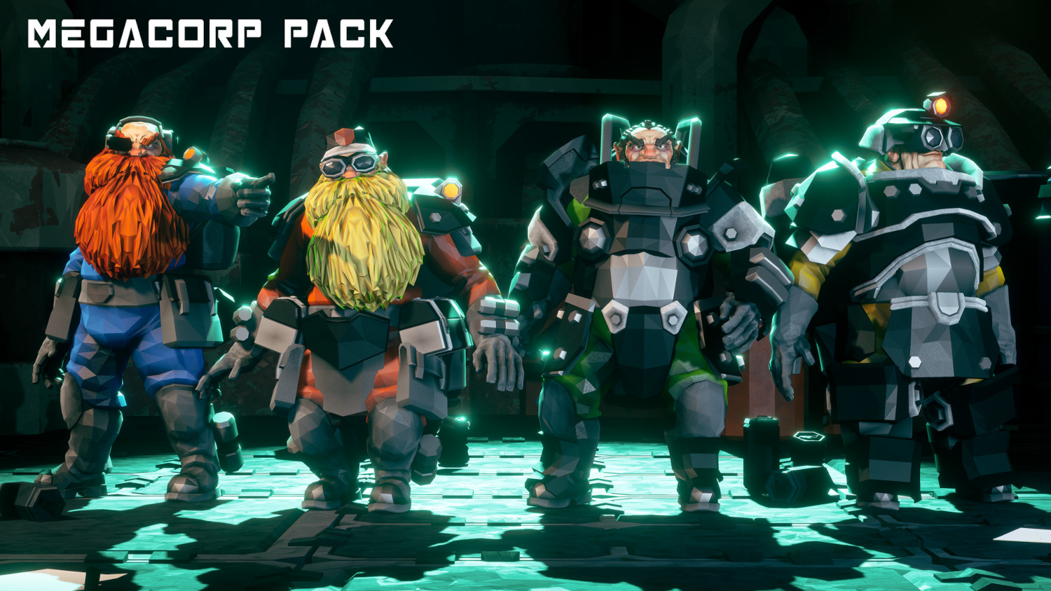 Cinq personnages nains d'un jeu, portant de l'équipement minier, se tiennent ensemble. Le texte en haut dit 'MEGACORP PACK'.