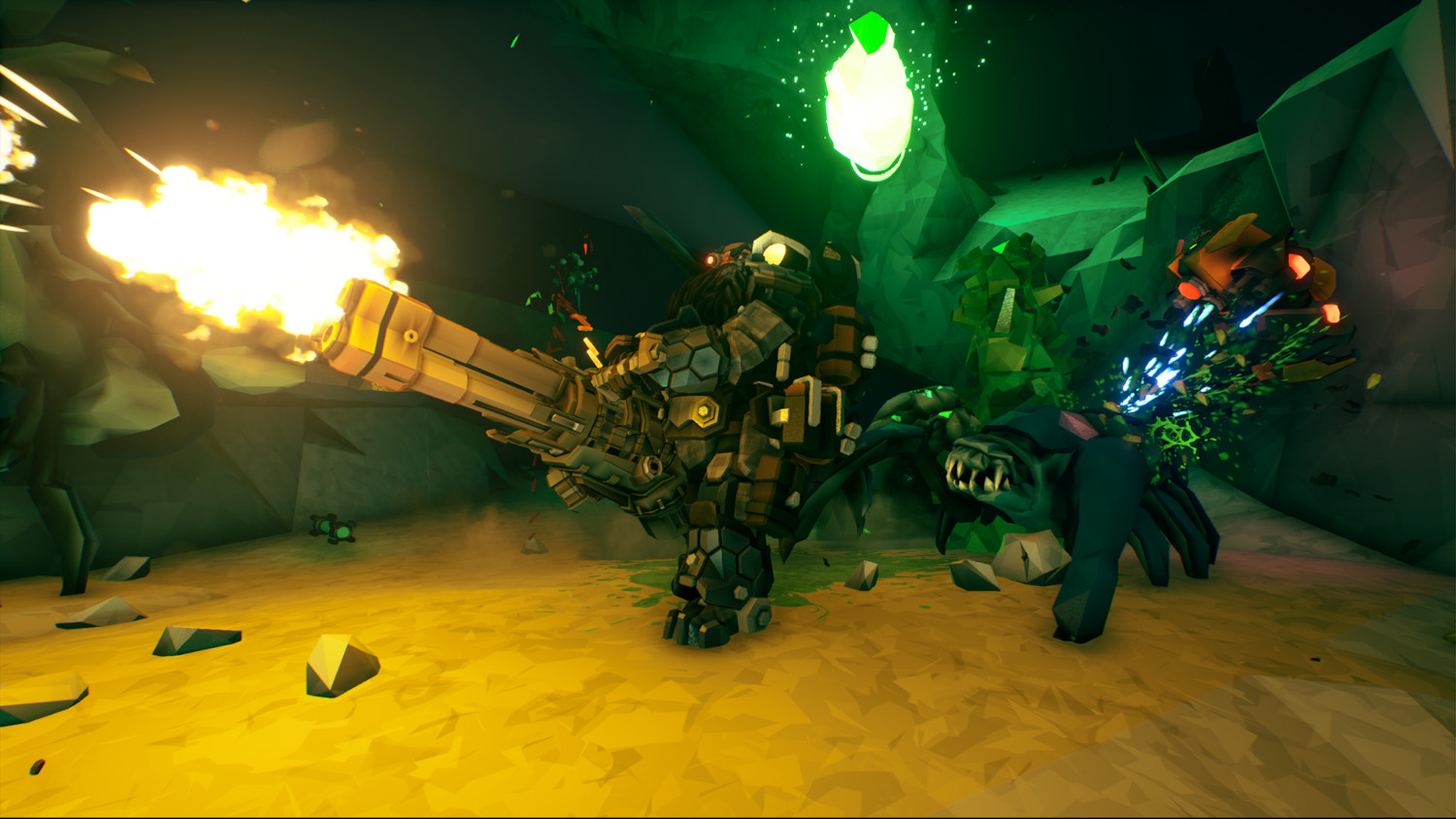 Une scène de jeu vidéo avec un grand robot combattant des monstres dans une grotte sombre.
