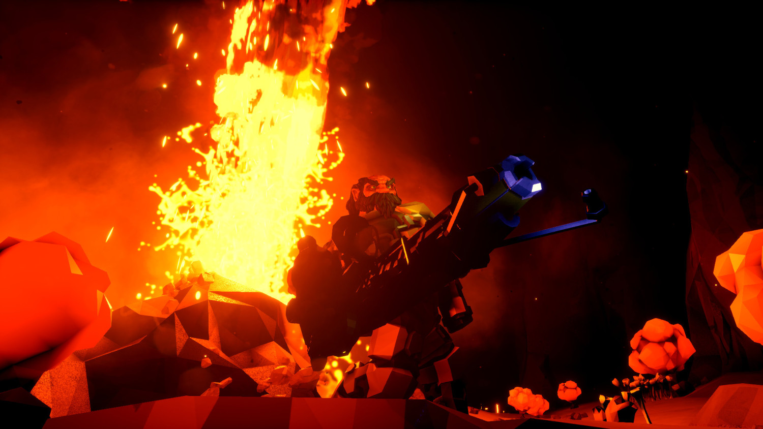 Une silhouette armée fait face à une explosion de feu dans une grotte sombre.