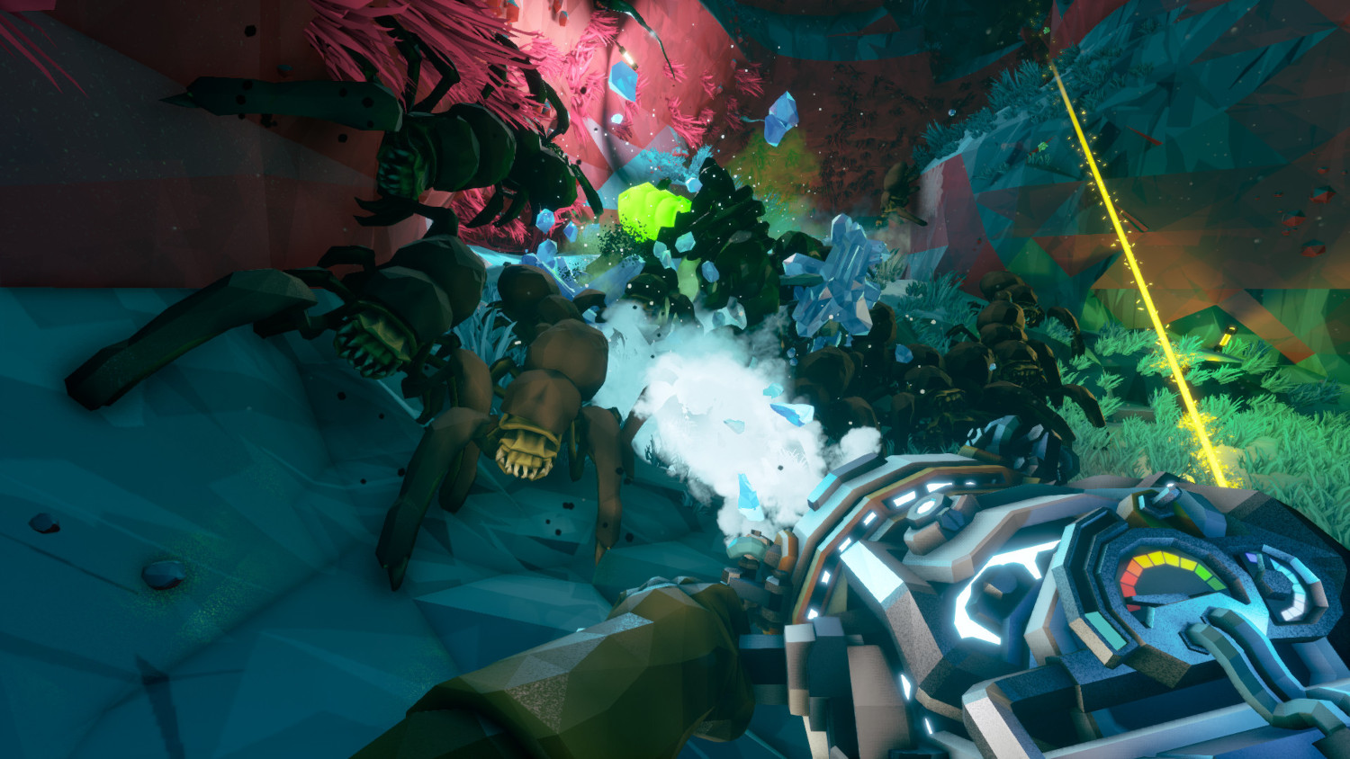 Vue à la première personne d'une scène de jeu de tir avec des monstres et des explosions.