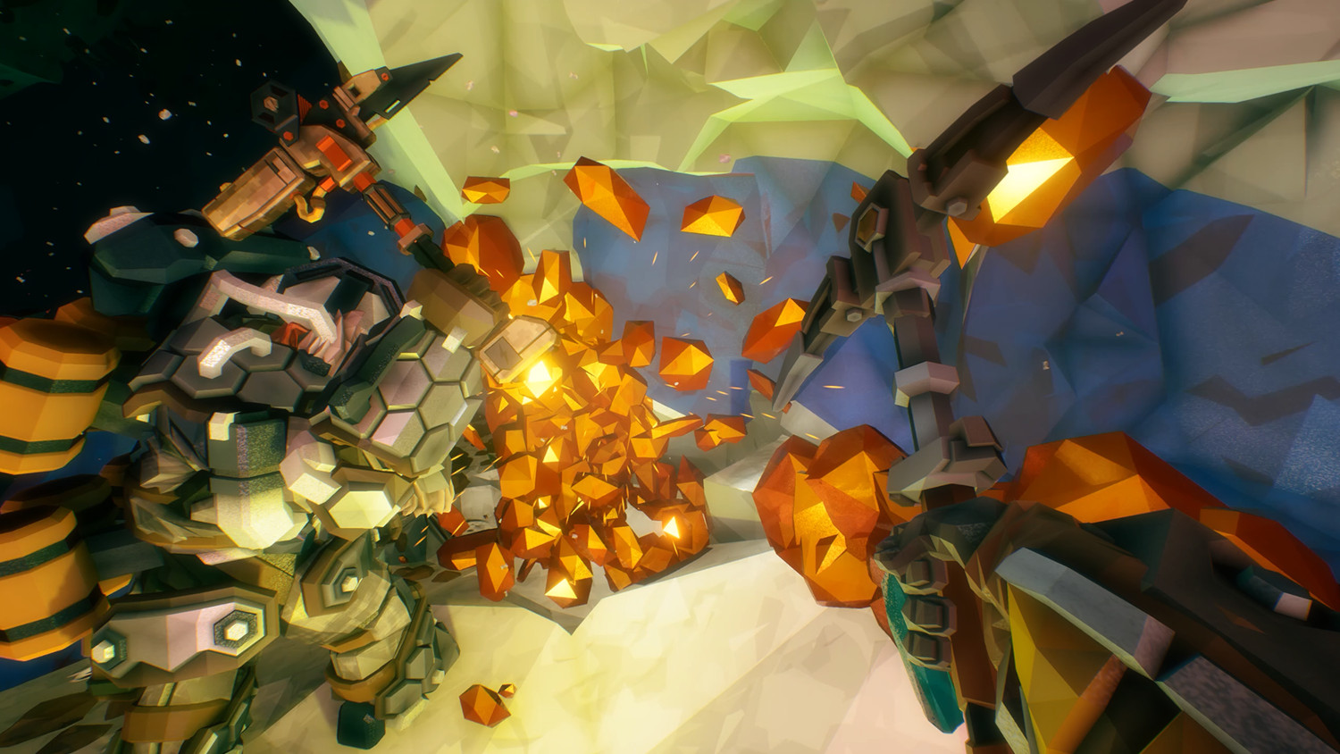 Un jeu vidéo montre des mineurs dans une grotte. Ils frappent des rochers oranges avec des outils.