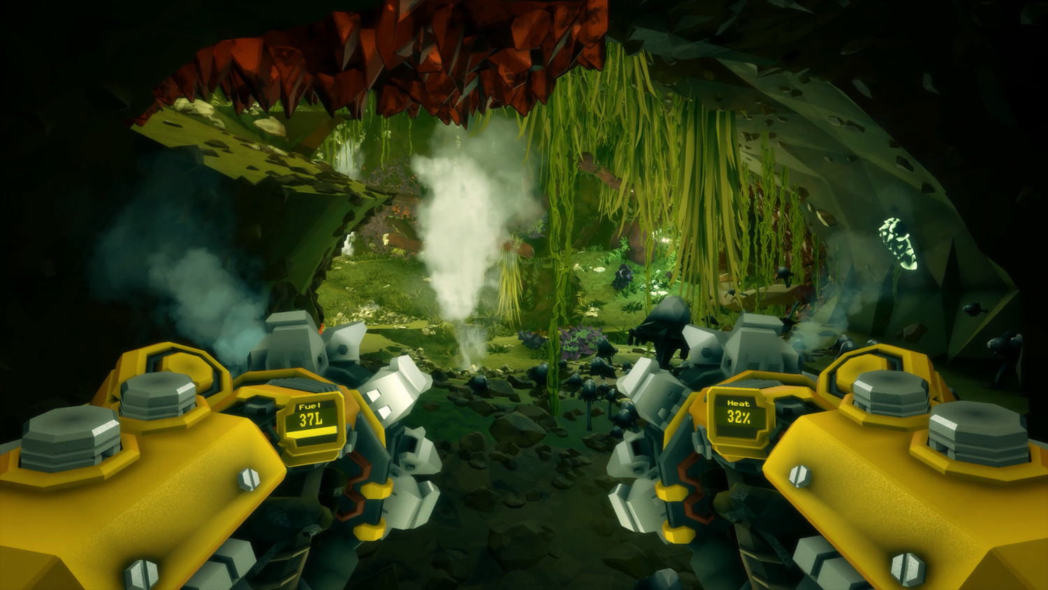 Vue à la première personne d'une scène de jeu dans une grotte, deux canons de fusil jaunes sont visibles.