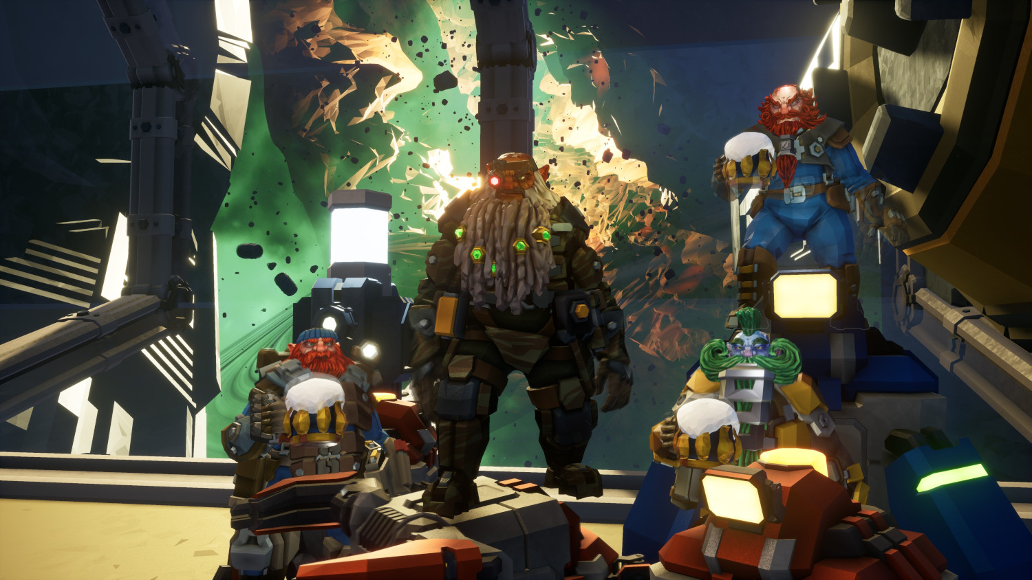 Un groupe de nains du jeu Deep Rock Galactic, dans un cadre futuriste.