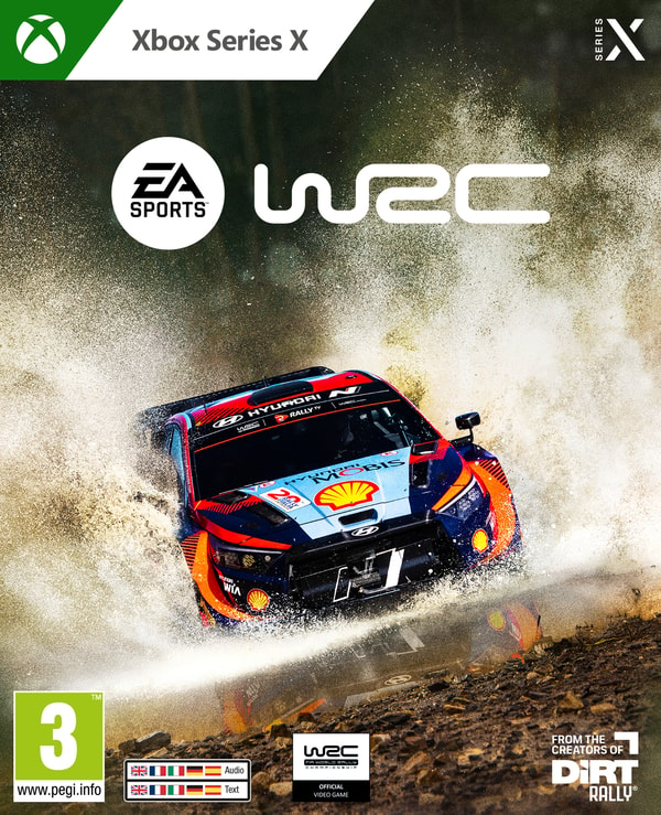 Couverture du jeu WRC. Une voiture de rallye bleue et rouge traverse l'eau à toute vitesse, éclaboussant. Le logo Xbox Series X et le logo EA Sports sont visibles.