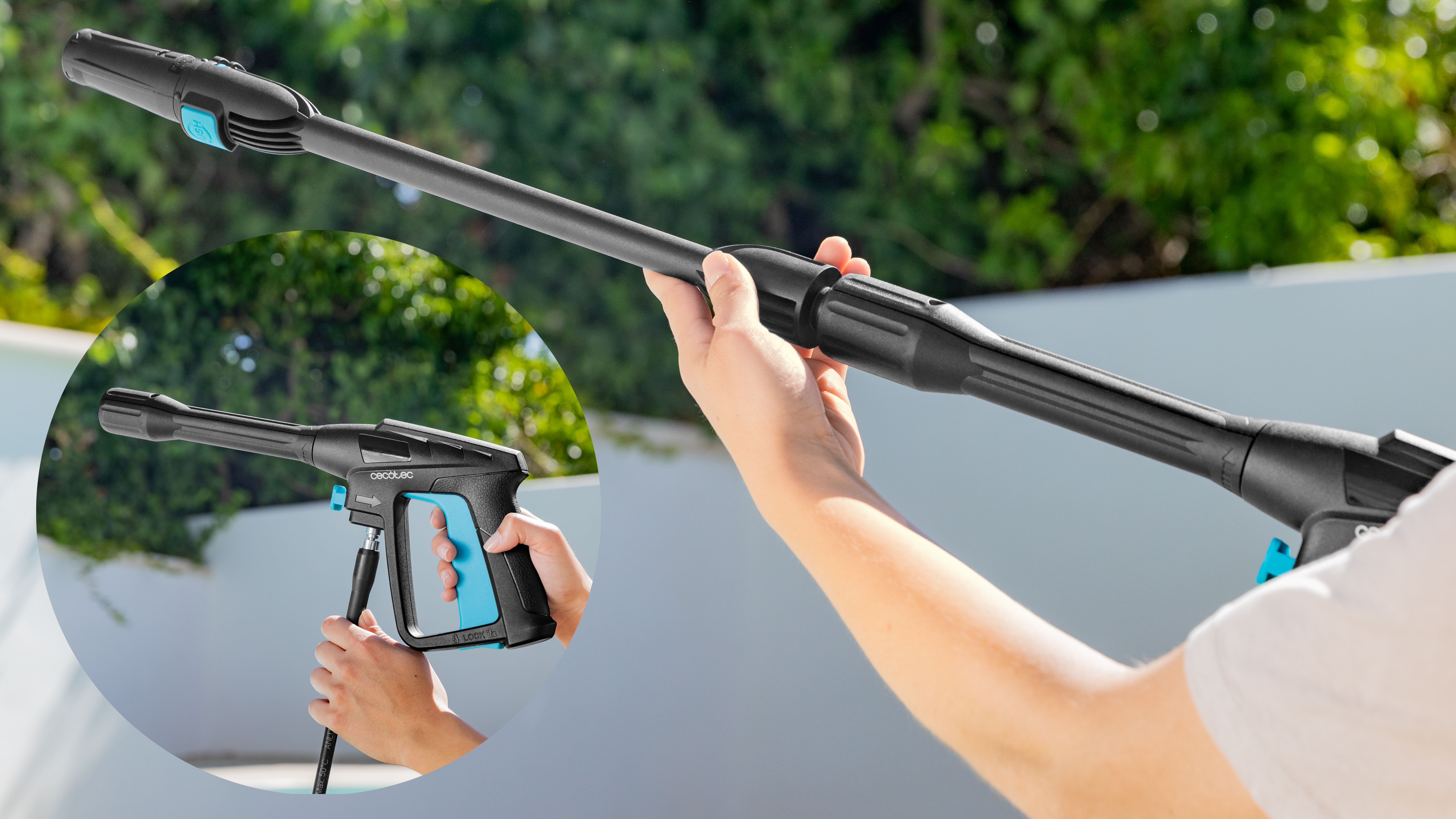 Persona sosteniendo una pistola de hidrolavadora, con un primer plano de los detalles.