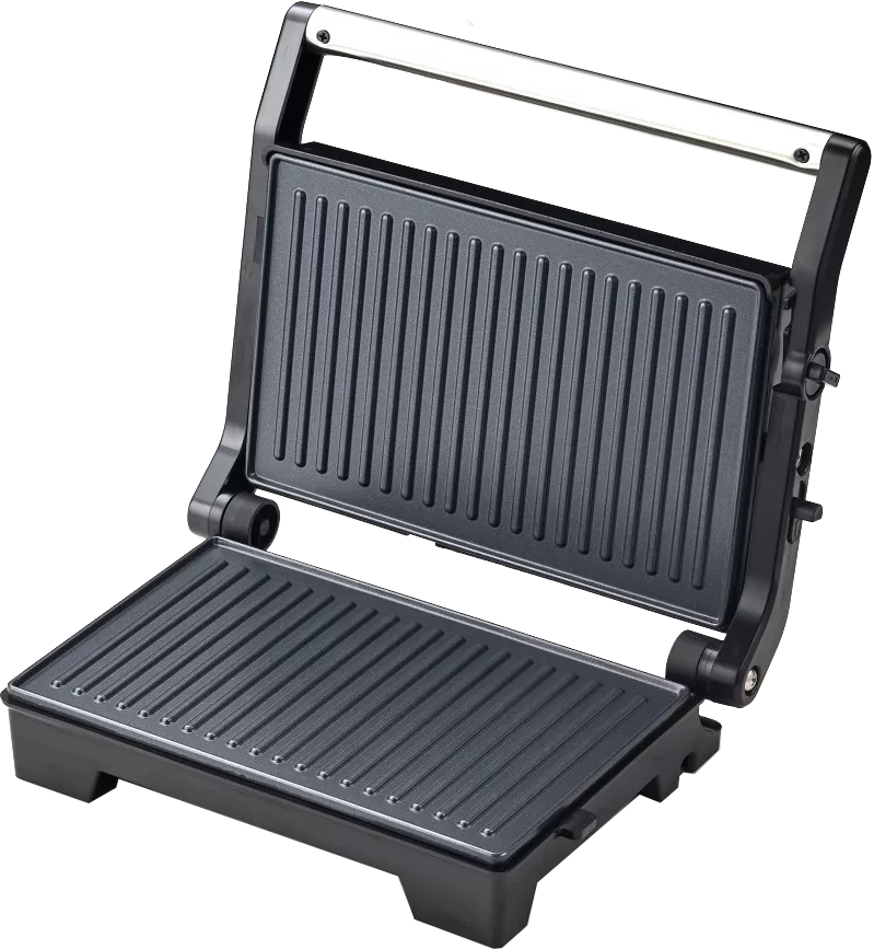 Nyitott panini prés grill lapokkal, fekete és ezüst. Fekete fogantyú, fehér háttér.