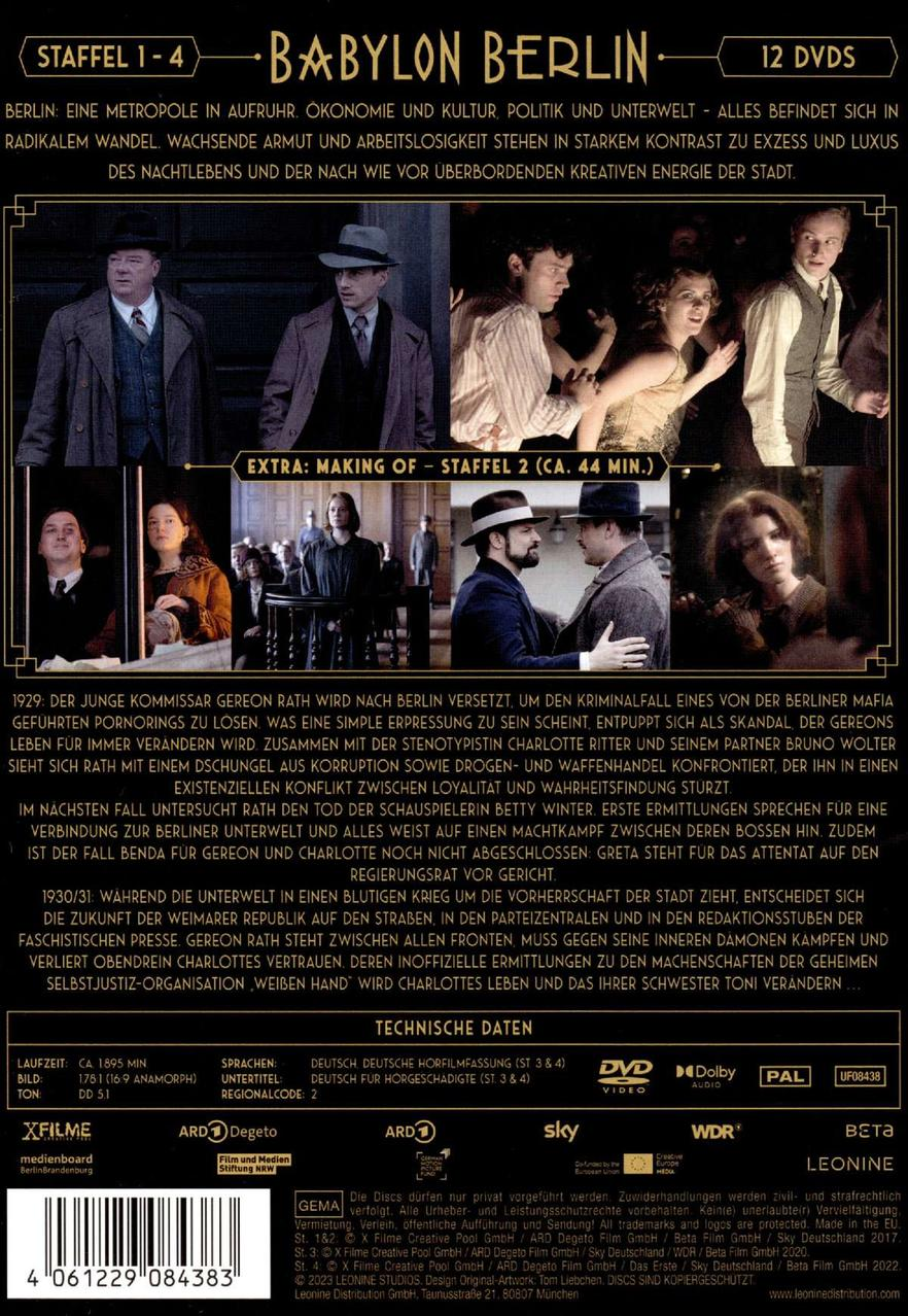 Rückseite einer DVD-Hülle, mit Schauspielern in einer Szene und Text über die Serie.