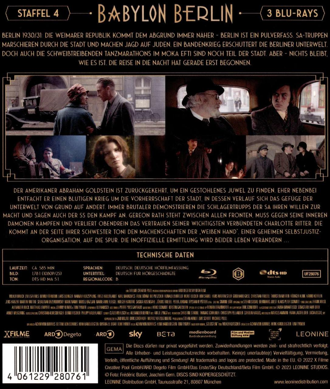 Rückseite der Babylon Berlin DVD-Hülle. Sie zeigt Bilder der Besetzung, Text und Details auf weißem Hintergrund.