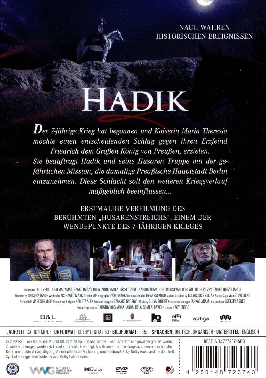 DVD-Hülle mit Text und Bildern über einen Film mit dem Titel 'Hadik'.