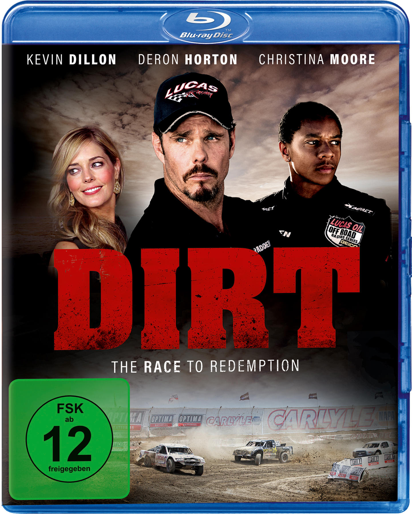 DVD-Cover für den Film 'Dirt: The Race to Redemption'. Zeigt Schauspieler und Rennwagen.